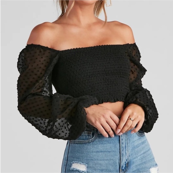 entro Tops - Entro Black Smocked Crop Puff Sleeve Blouse